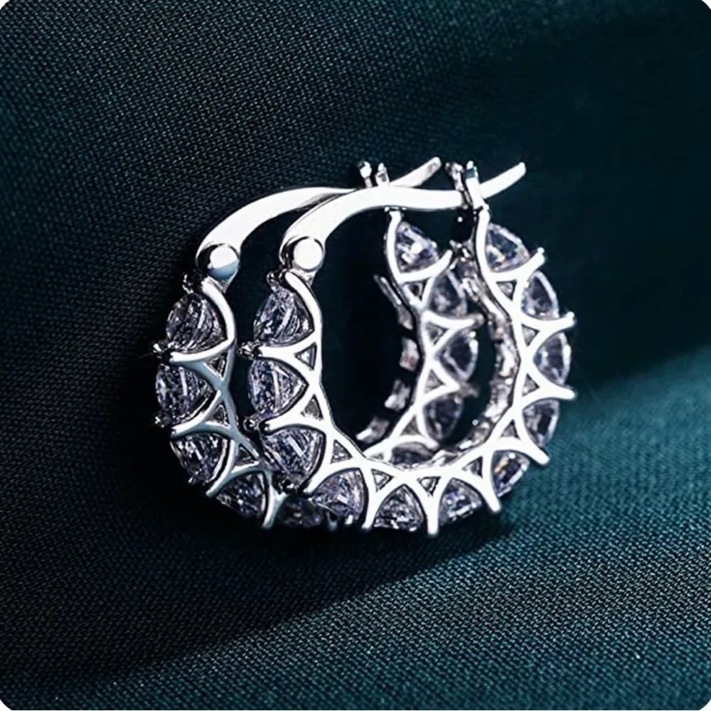 Sterling White Gold Plated HOOP ZIRCON EARRINGS - Picture 2 of 3
